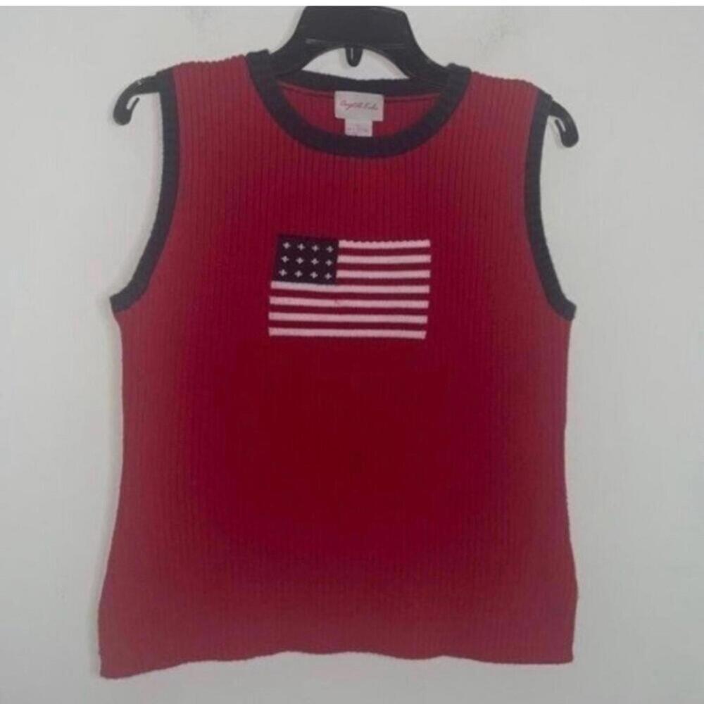 💕Vintage Crystal-Kobe Red Ribbed Knit American Flag Tank Top Shirt